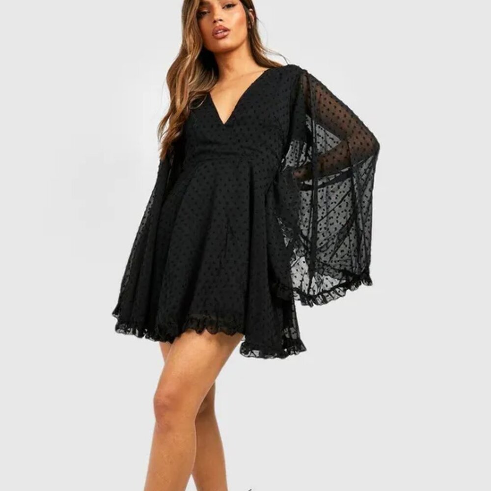 boohoo Goth Dobby Chiffon Flare Bell Wide Sleeve Skater Dress  Sheer